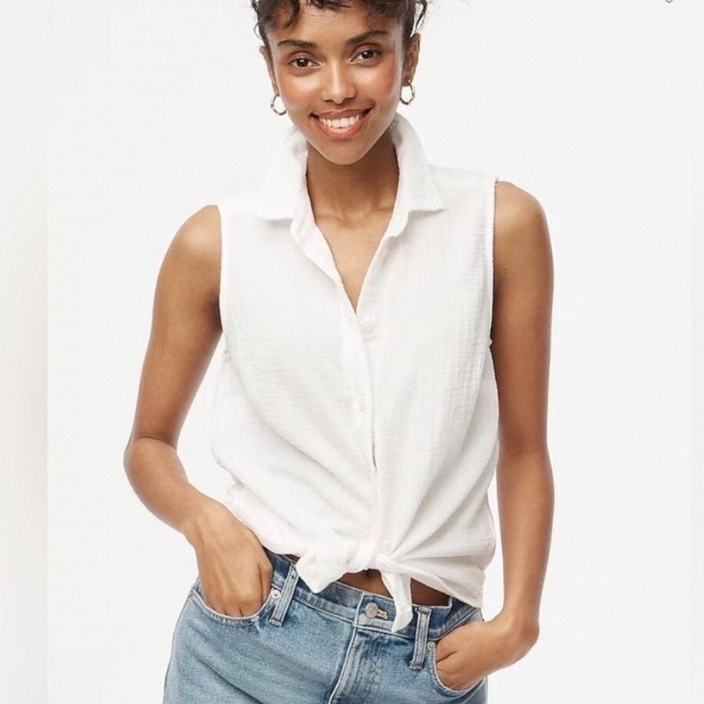 New J.Crew Womens 2X White 100% Cotton Gauze Sleeveless Button Down Top CA076